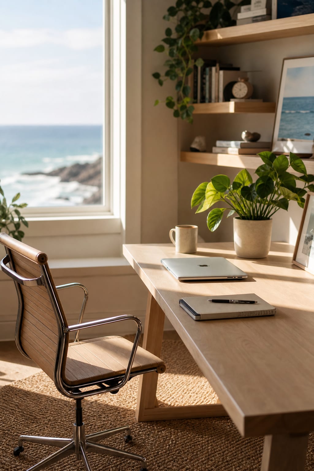 Sunlit studio workspace with desk and large window