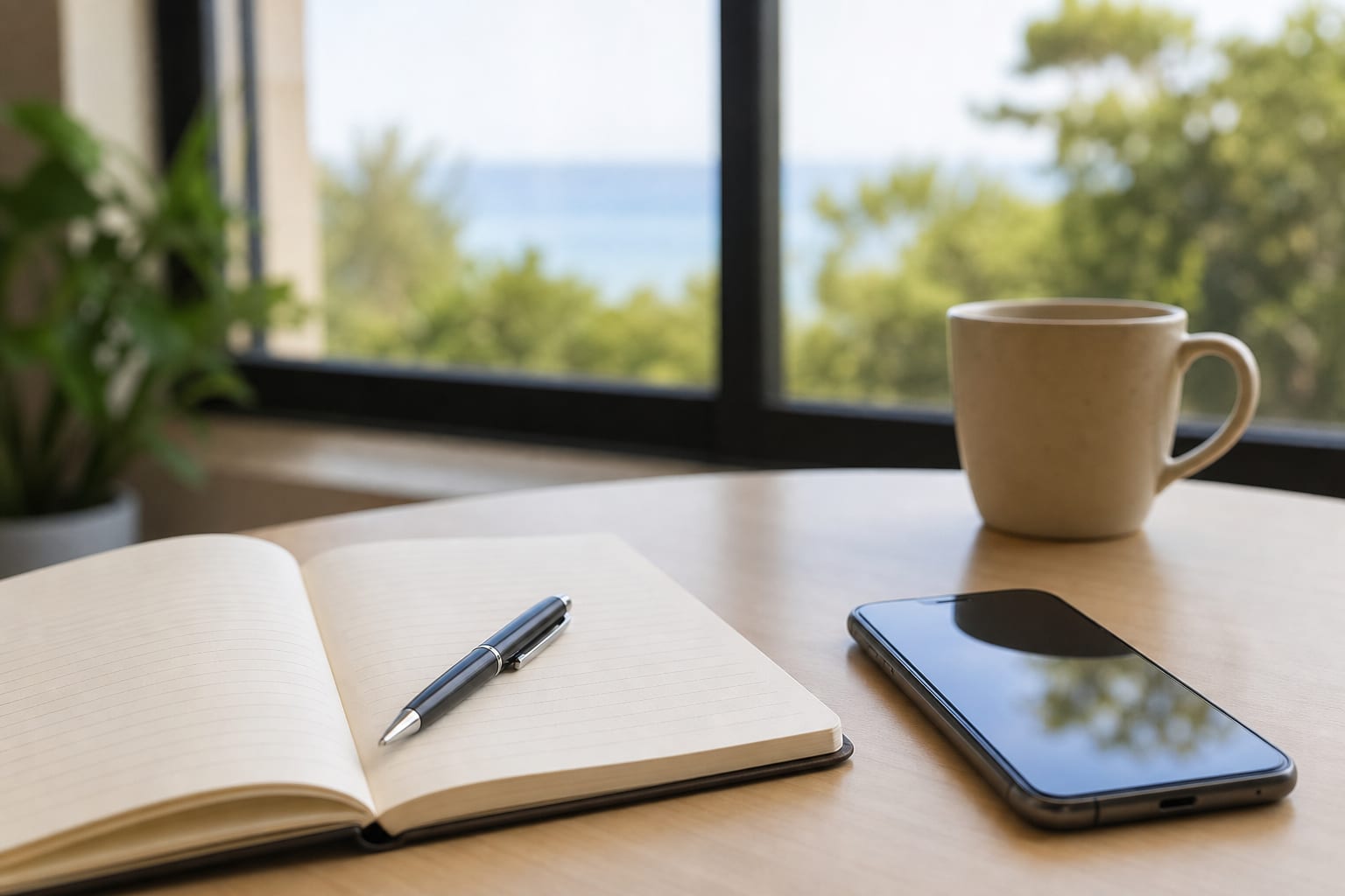 Notebook and coffee on a sunlit desk