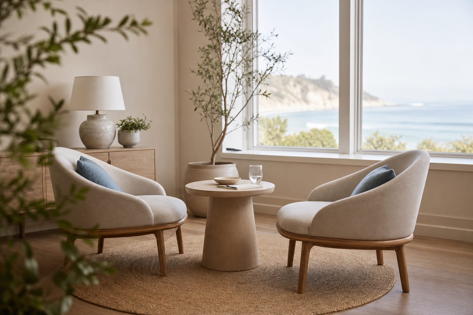 Bright meeting nook with two chairs by a window