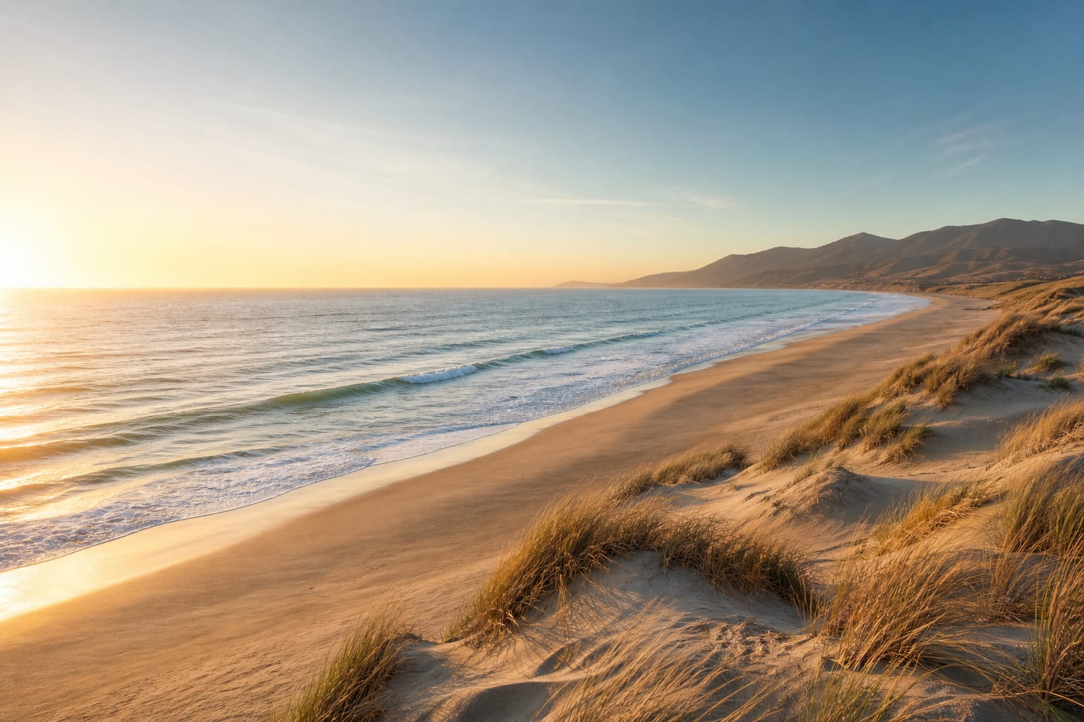 Calm coastal shoreline at golden hour