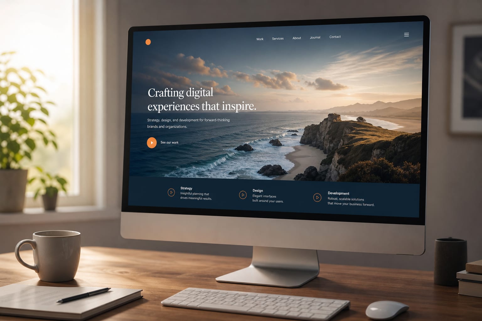 Desktop monitor displaying a modern marketing website