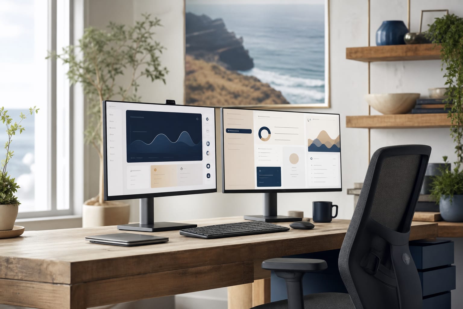 Workspace with monitors showing clean app interfaces