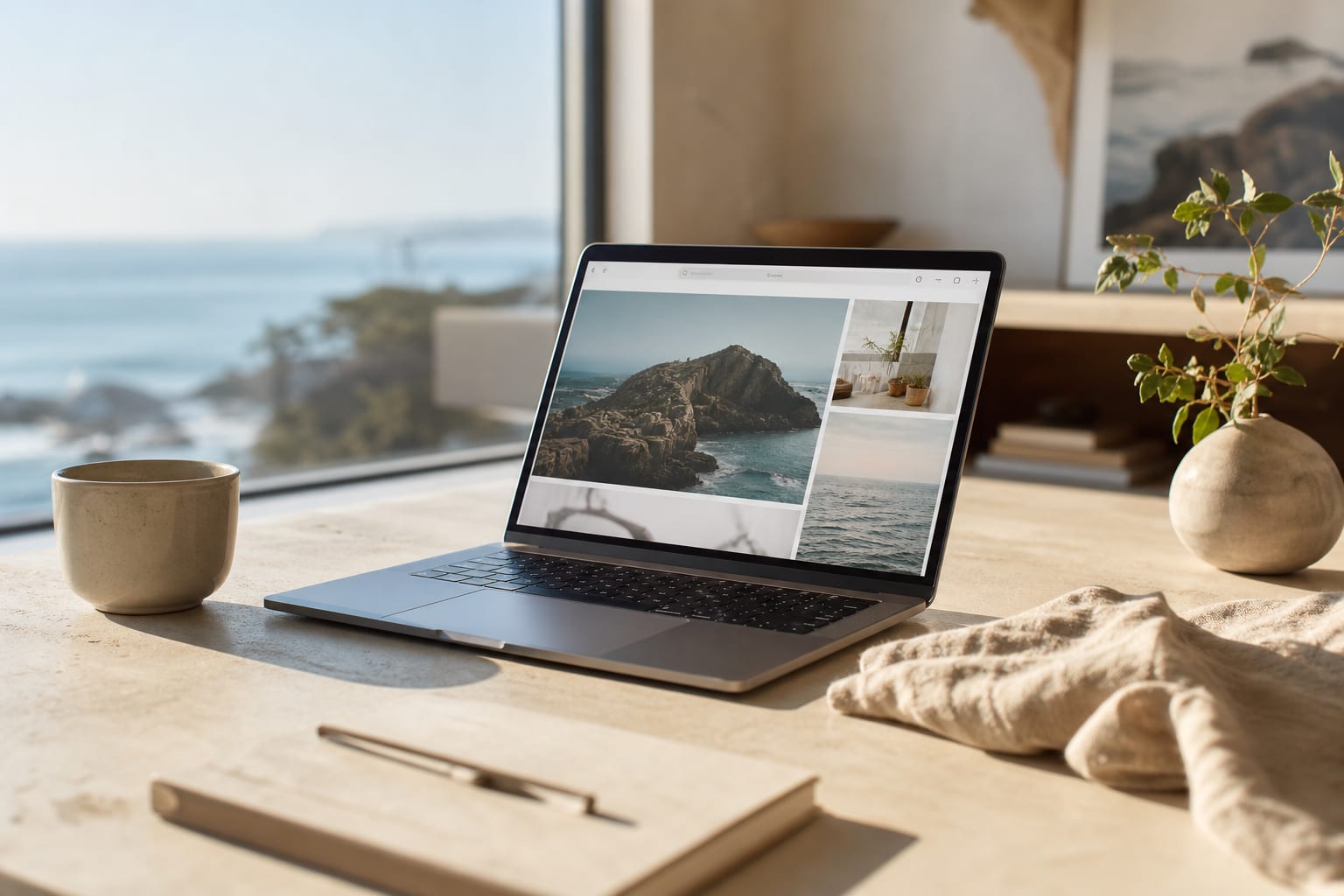 Laptop on a sunlit coastal desk for website design work