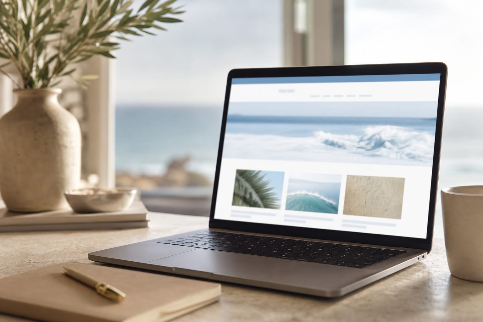 Website layout on a laptop in soft coastal light